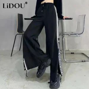 Spring Autumn Y2K Split Fork Casual Korean Pants Loose Straight Leg High Waist Wide Leg Pants Women Chic Hip Hop Female Clothes