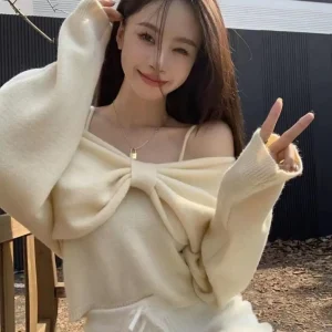 Sweater Suit for Women Two-piece 2025 Autumn New Suspender Vest Bow Long Sleeve Short Top