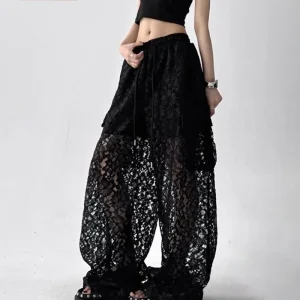 Summer Lace Black Casual Pants for Women Hollow Fashion New Design Straight Wide-leg Pants