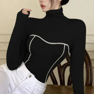 Women's Clothing Autumn Winter Korean Fashion High Collar Y2K Sexy Basic T-shirts Elegant Chic Black White Long Sleeve Slim Tops