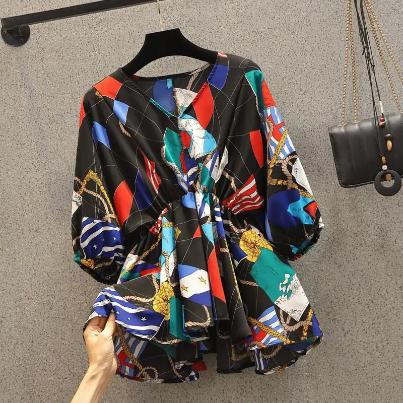 Retro Nautical Style Color-Block Print Blouse Women's Waist-Tie V-Neck Puff Sleeve Shirts Loose Slimming Short Top - Image 2
