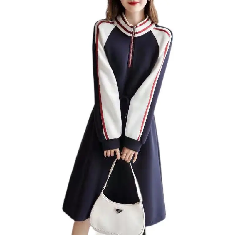 Spring Long Sleeve Casual Dresses Women Round Neck Zipper Patchwork Striped A-line Skirt Ladies Drawstring Waist Retraction Robe - Image 3